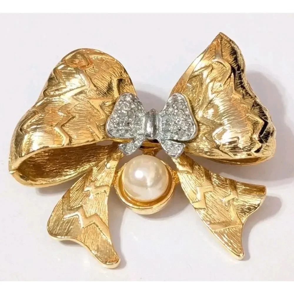 Large Bow Brooch Pin Faux Pearl Textured Gold-tone 2